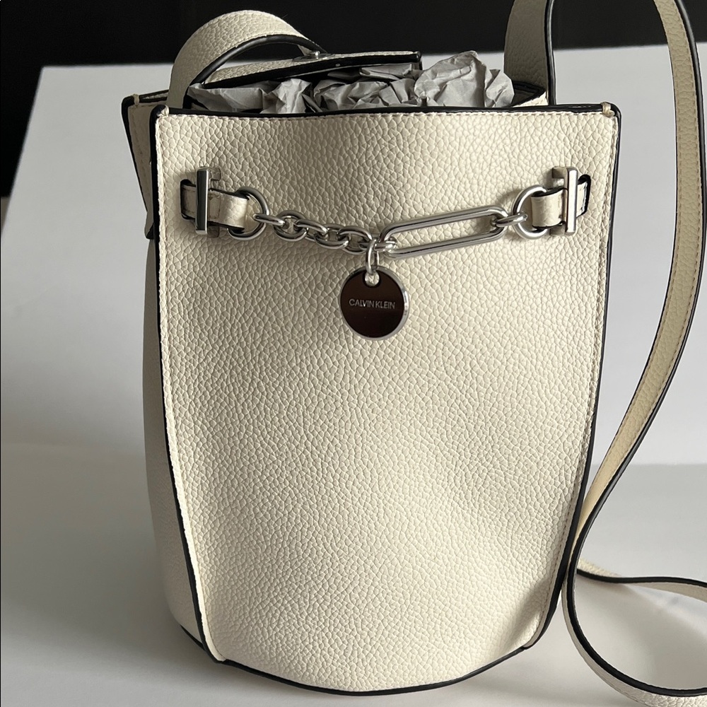 Calvin Klein Ivory Crossbody Bag with Silver Accents